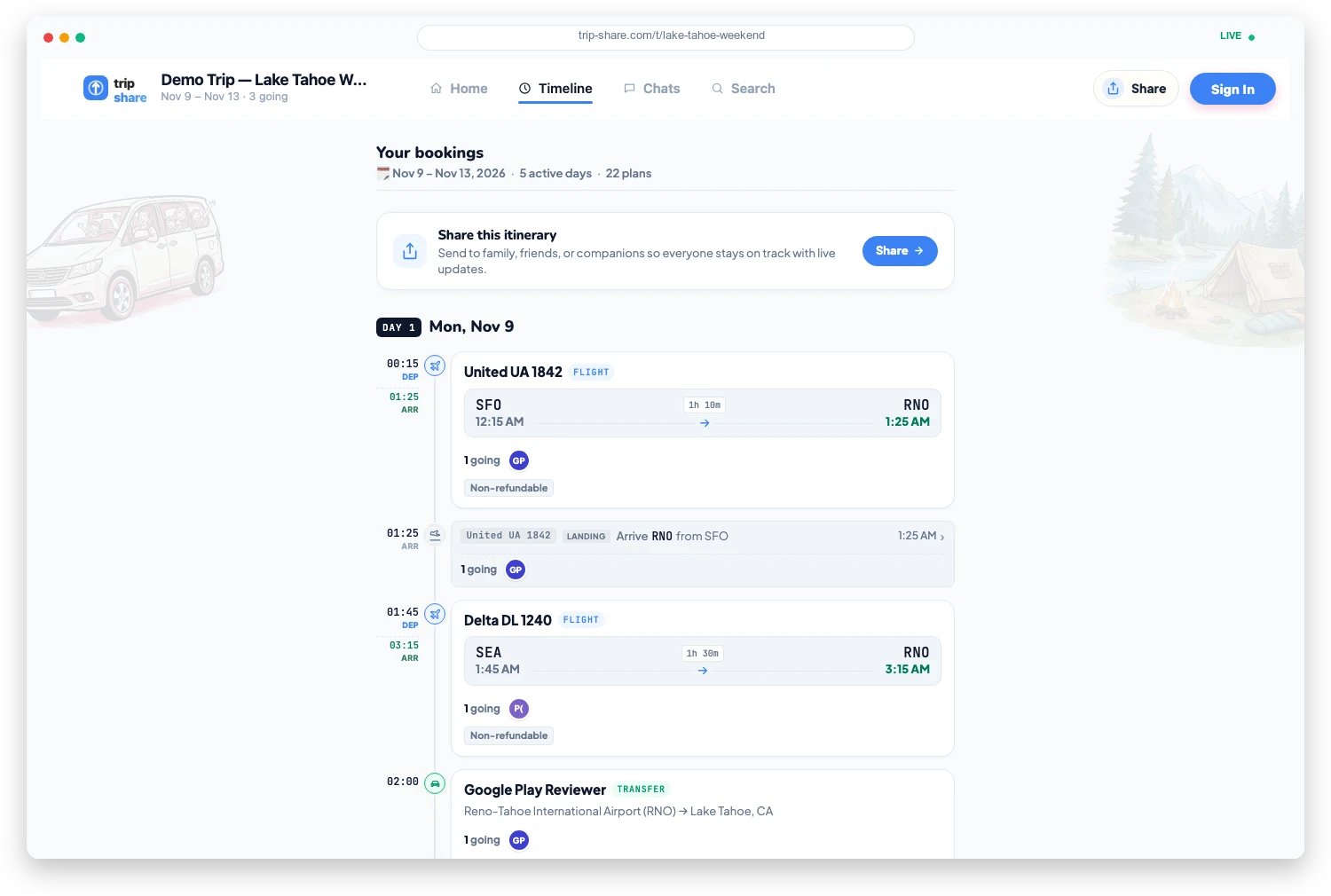 Trip Share web app live itinerary